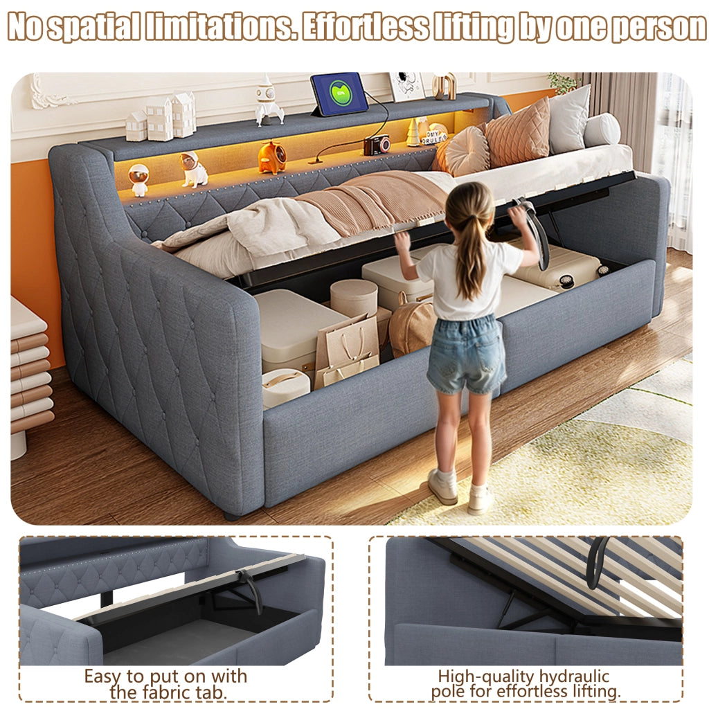 Letto divano 90 × 200 cm con LED, contenitore idraulico, USB e Type-C, senza materasso, grigio