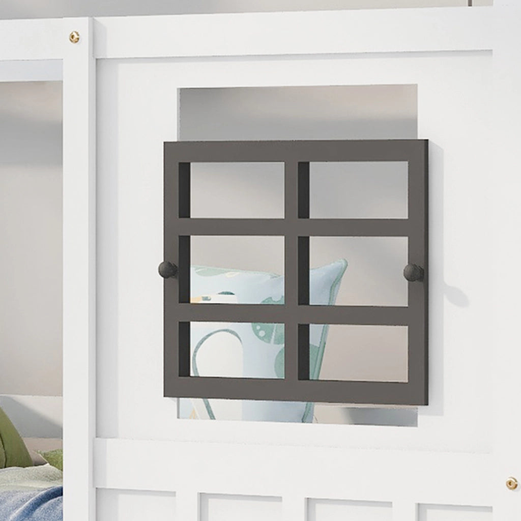 Letto Casetta 200x90 cm; Letto Singolo - 2 Finestre e Sponde - in Legno Massello - Bianco