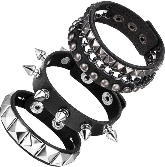 Set di Cinturini in Pelle di 3 pezzi - Punk Rock a Mischia - Cinturini per Manica Regolabili - Pelle PU - Duraturo e Comodo - Cinturino per Manica