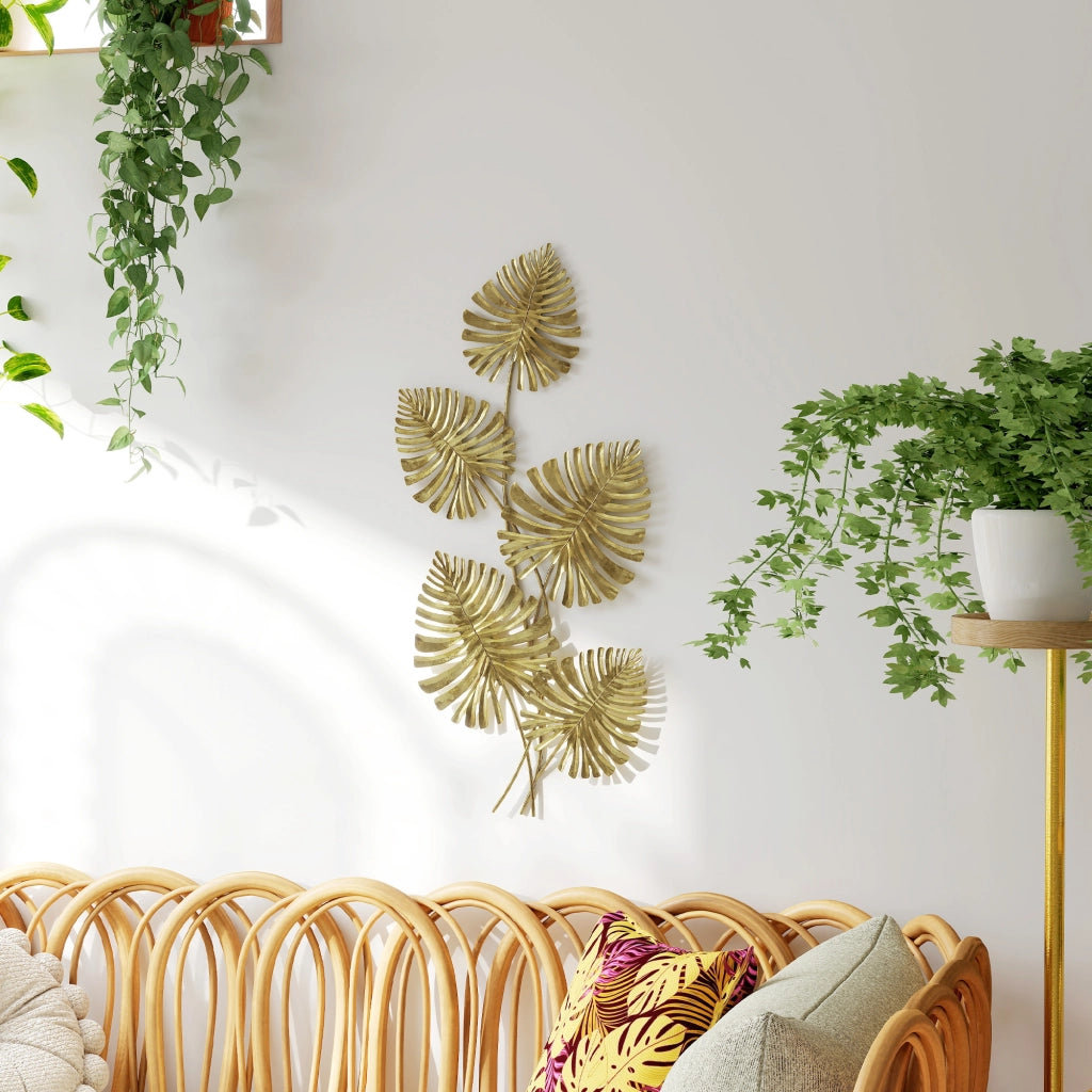 Decorazione Murale 3D 83x2,5x39 cm Wall Art Foglie di Monstera in Metallo Oro