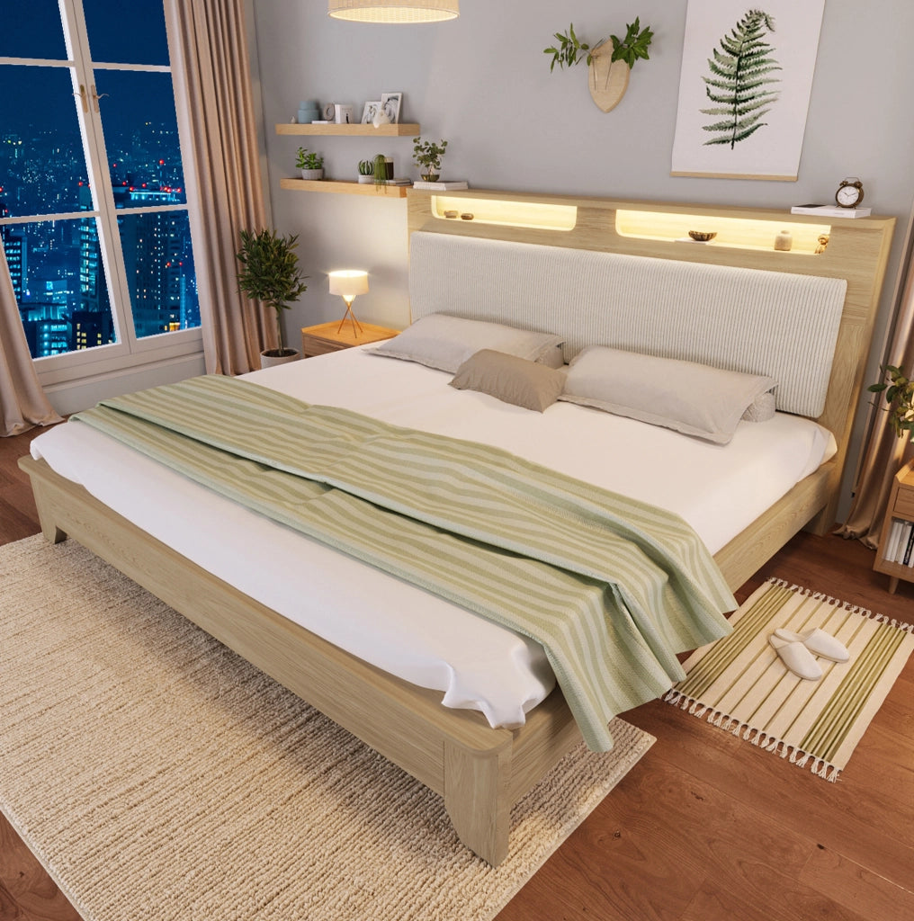 Letto matrimoniale 140x200 cm con testiera contenitore; LED e rivestimento in corduroy beige; effetto rovere chiaro