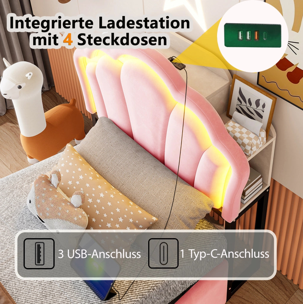 Letto imbottito 90x200 cm in velluto rosa con LED; contenitore idraulico e prese integrate