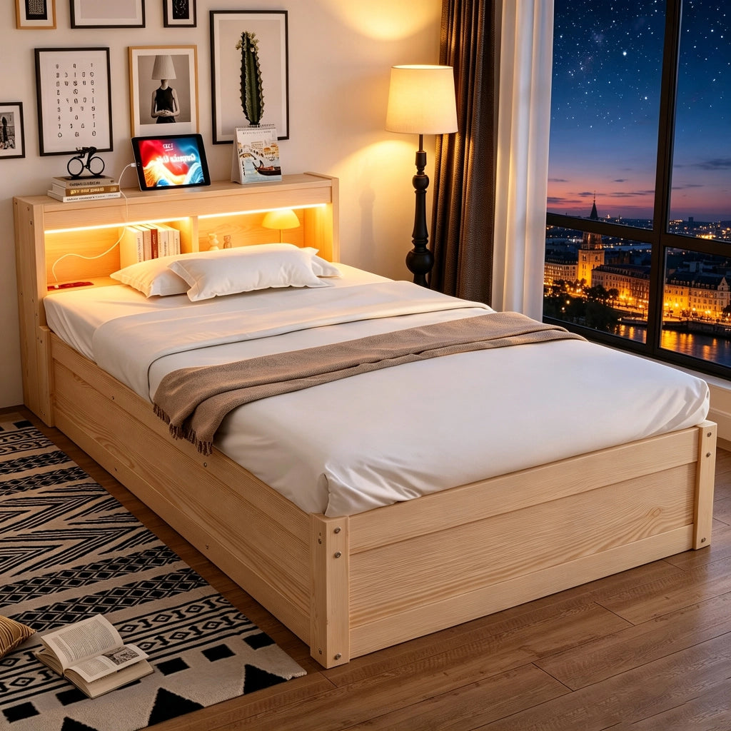 DESMIU Letto contenitore 90 × 200 cm 1 posto con presa, LED regolabile e vani, senza materasso, in MDF, legno