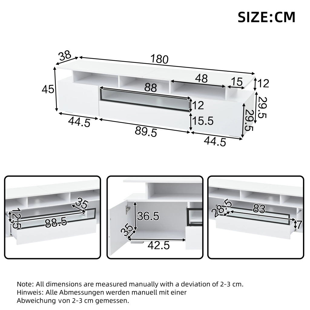 MOBILE TV 180x38x45 cm Bianco lucido con LED 2 ante 1 cassetto per TV fino a 75"
