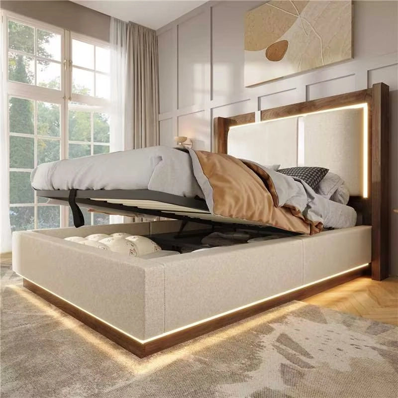 DESMIU Letto contenitore 90 × 200 cm 1 posto con LED, sollevamento idraulico e senza materasso, in lino, beige