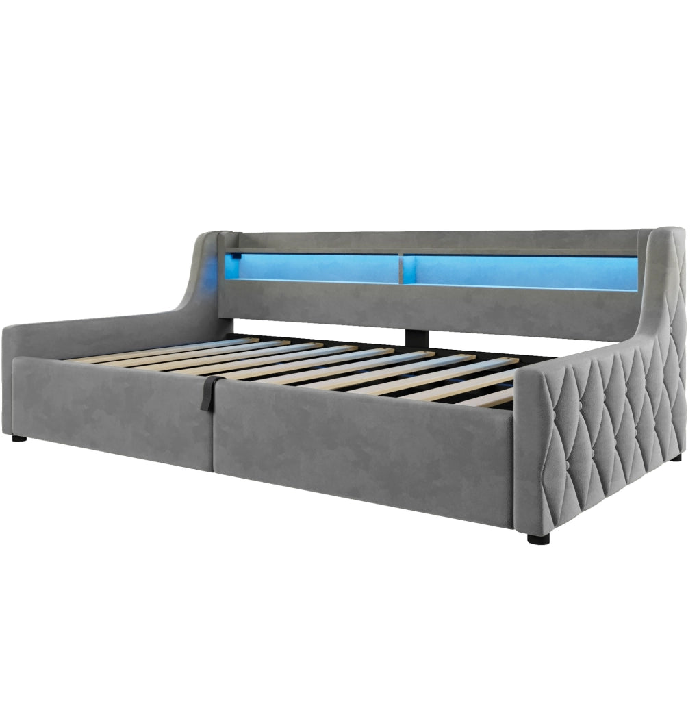 Letto imbottito 90x200 cm con contenitore e testiera LED grigio