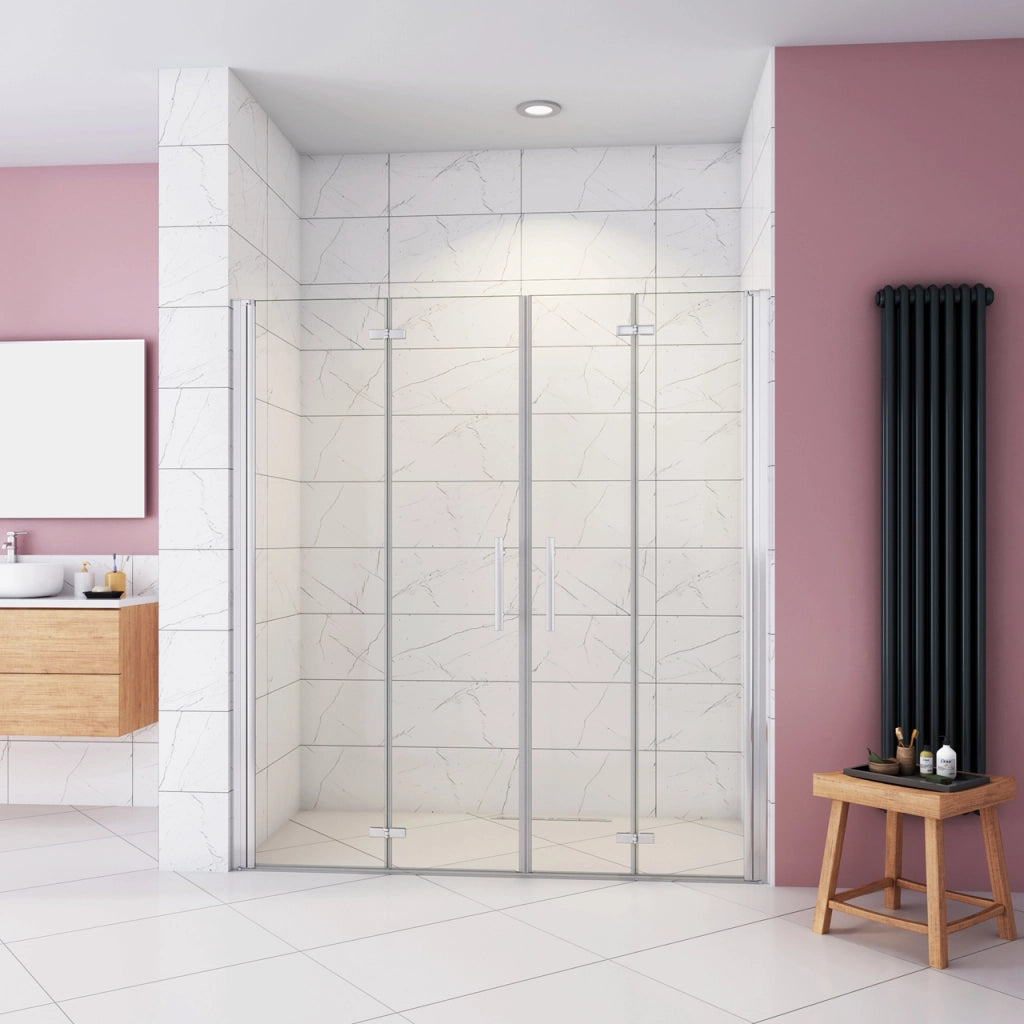 Box Doccia in Linea per Nicchia 185 cm Doppia Porta Battente 4 Ante Pieghevoli Saloon Vetro Temperato 6 mm Anticalcare 155 cm (70+90: 1518-1558 mm)