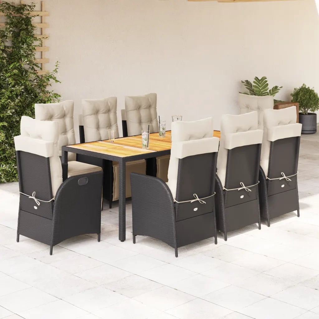 Set da Pranzo da Giardino 9 pz con Cuscini Nero in Polyrattan
