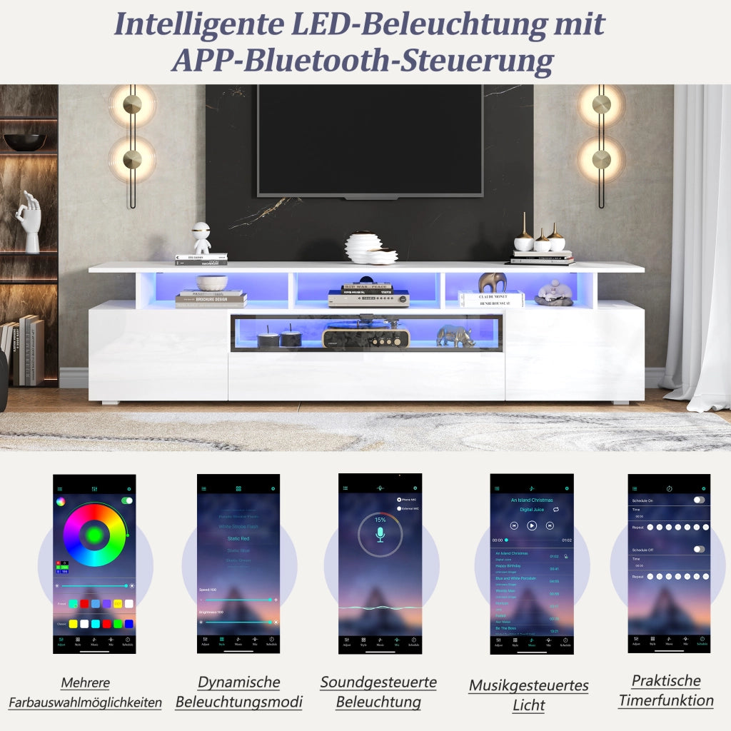 MOBILE TV 180x38x45 cm Bianco lucido con LED 2 ante 1 cassetto per TV fino a 75"