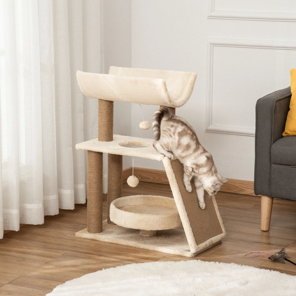 Albero tiragraffi per gatti con giocattoli e cuccia ¨C Zephmum ¨C 60x30x76 cm crema e naturale
