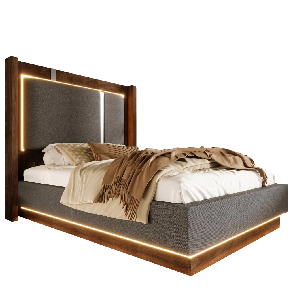Letto imbottito 90x200 con LED, vano contenitore e rete a doghe