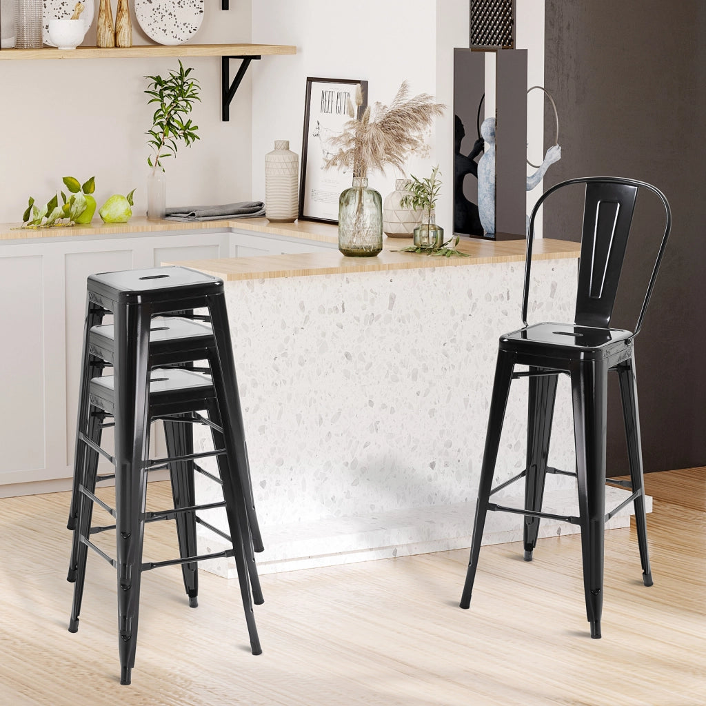 Set 4 Sgabelli da Bar Impilabili con Schienale Poggiapiedi Altezza Seduta 76cm ¨C Xylo ¨C Metallo Nero