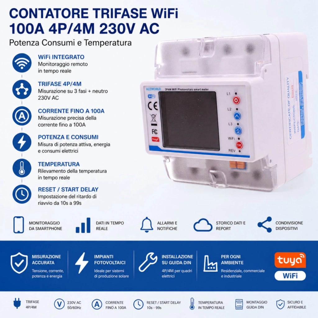 Contatore Trifase WiFi 100A 4P/4M 230V AC, Potenza Consumi e Temperatura