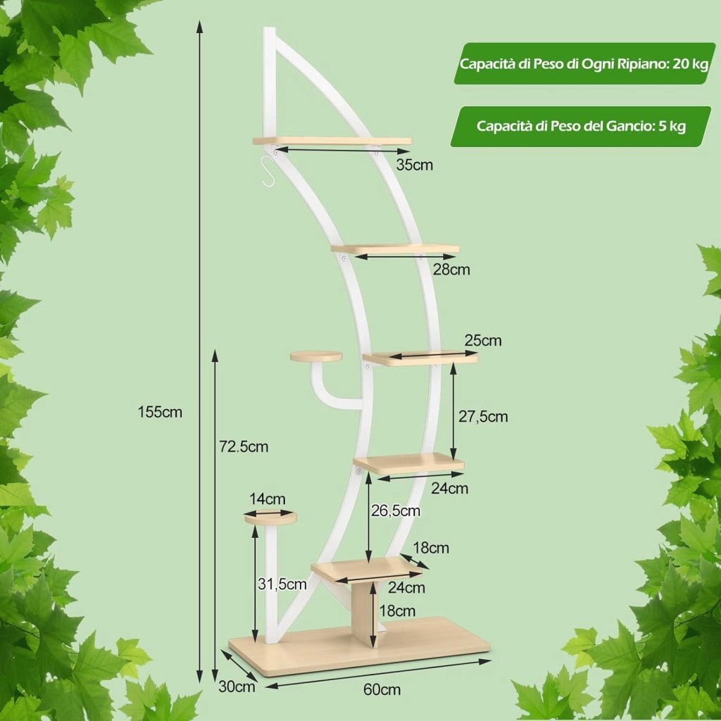 Scaffale per Piante a 7 Livelli, Scaffale a Forma di Mezza Luna con Gancio e Dispositivo Antiribaltamento, Porta Piante e Fiori per Balcone e Soggiorno, 60 x 30 x 155 cm (2 PEZZI BIANCO)