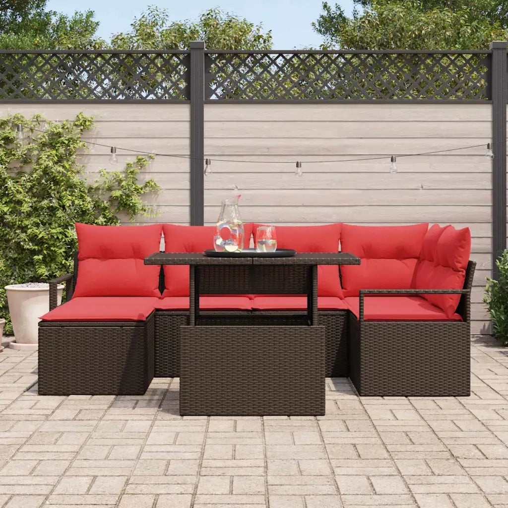 Set Divano da Giardino 7 pcs Marrone e Rosso Poly Rattan 3348860