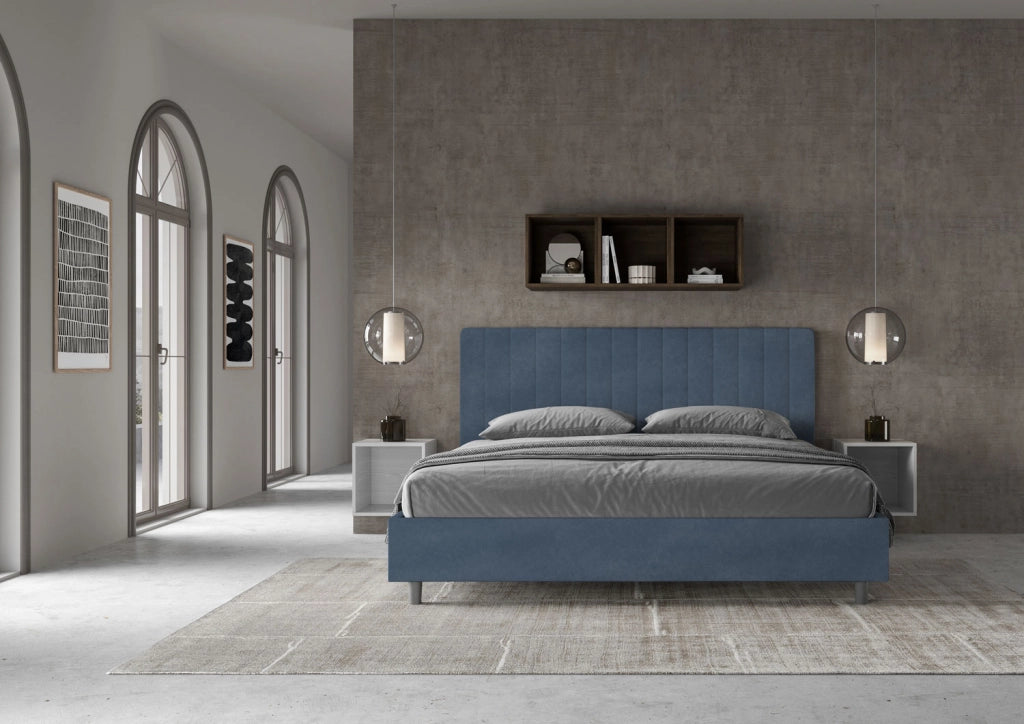 BS COM Letto matrimoniale king size contenitore imbottito 200x210 microfibra blu