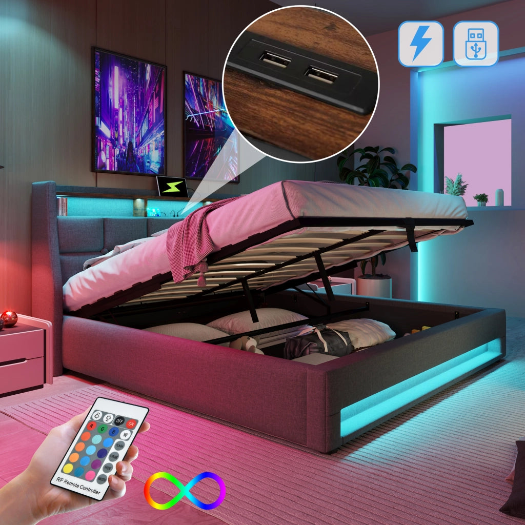 Letto matrimoniale contenitore 140×200 cm con LED; USB; testiera imbottita e materasso incluso; grigio