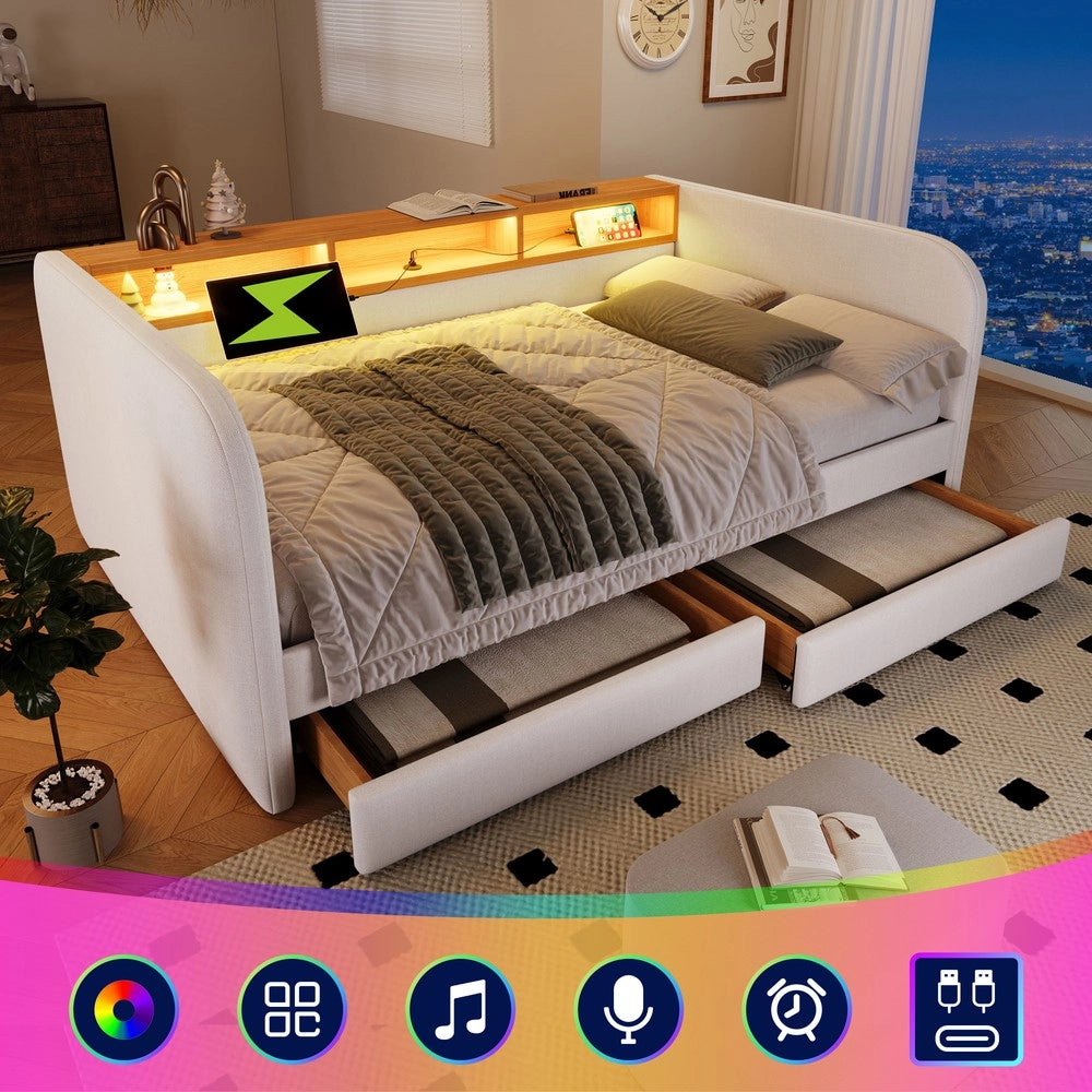 Letto Imbottito Contenitore con LED e 2 Cassetti ¨C Xylo ¨C Tessuto Beige Chiaro 140x190