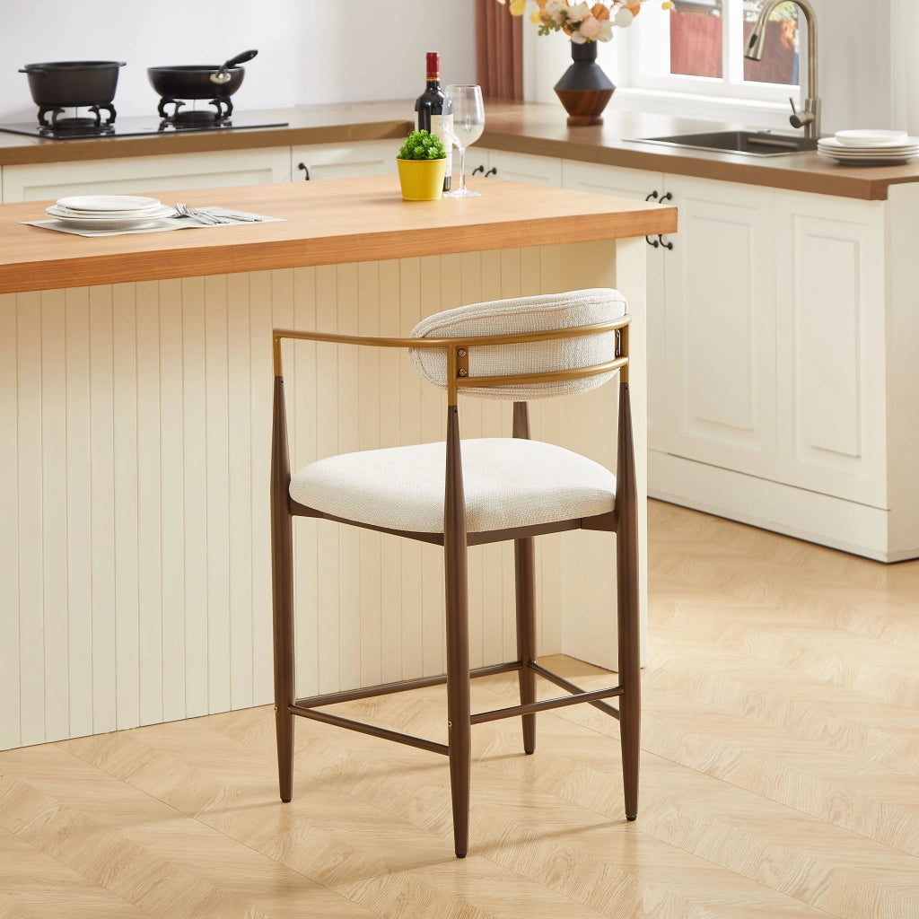 Sgabello da Bar Set da 2 con Braccioli e Piedini Regolabili, Stile Country Francese, in Tessuto Beige