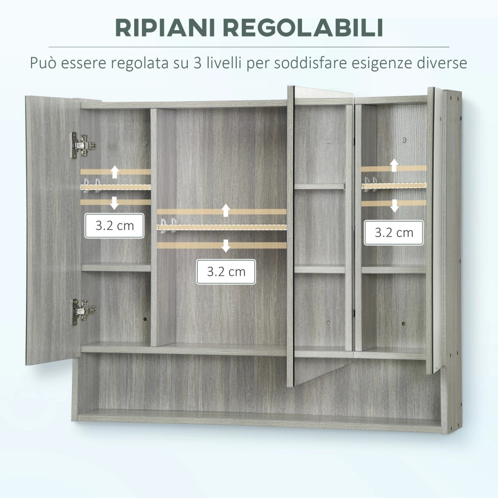 Armadio con specchio e ripiani ¨C Minimal ¨C Grigio, legno, vetro, 90x15x75 cm