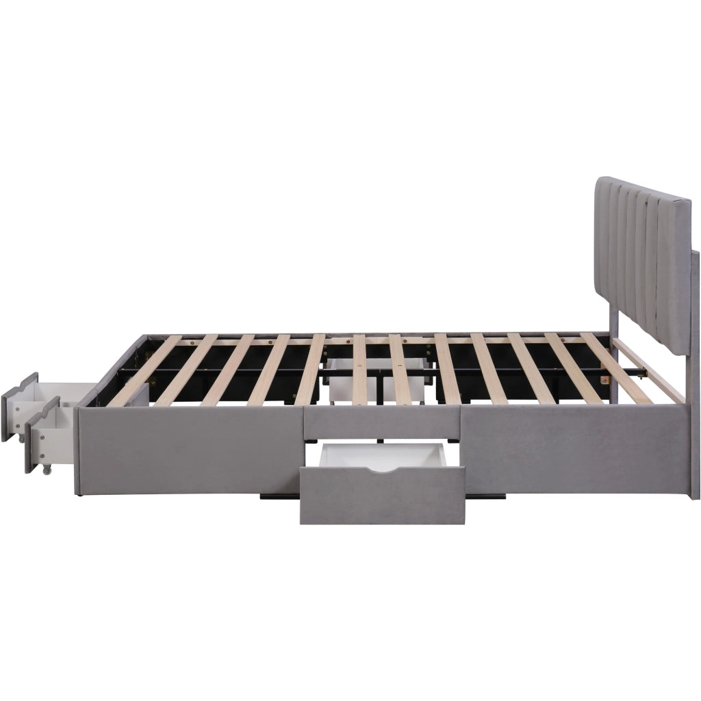 DESMIU Letto imbottito 160 × 200 cm 2 posti con 4 cassetti, testiera regolabile, senza materasso, in velluto grigio