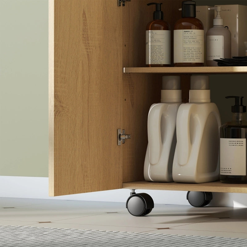 Mobiletto da bagno con ripiani a 3 livelli, ruote e struttura in legno.