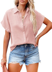 Blusa Donna in Cotone con Maniche Corte e Collo V-Forma