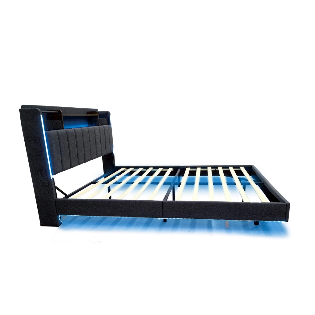 Letto matrimoniale imbottito 140x200 cm con LED; porta USB e contenitore; grigio