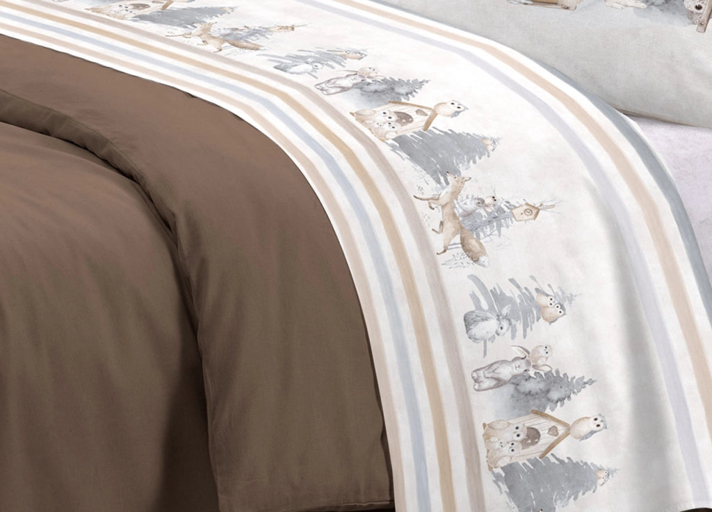 Completo Lenzuola Letto Pensieri Delicati 100% Cotone Disegno Gufi - Piazza E Mezza - Beige