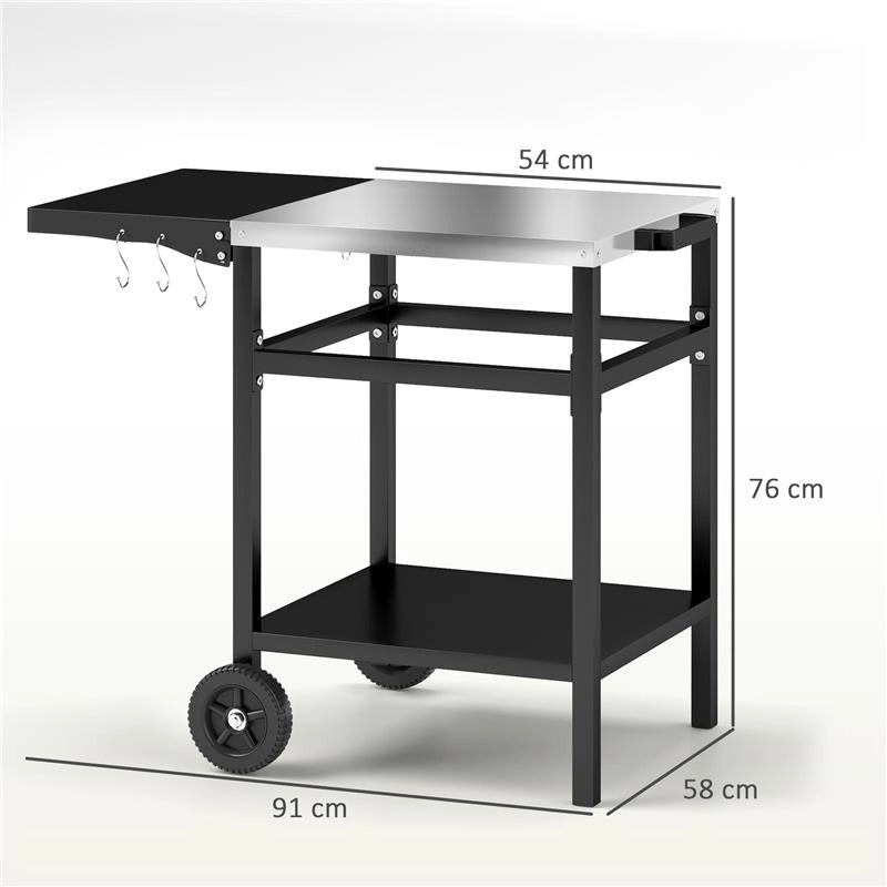 CARRELLO PER BARBECUE CON PIANO IN ACCIAIO E RIPIANO RICHIUDIBILE RUOTE E GANCI 91X58X76 CM NERO