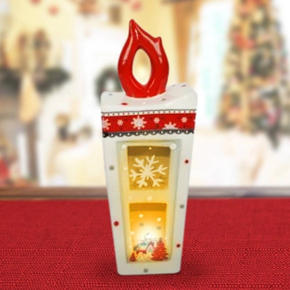 Trade Shop - Lanterna In Ceramica Candela Con Lumino Elettrico 21 Cm Decorazioni Natalizie -