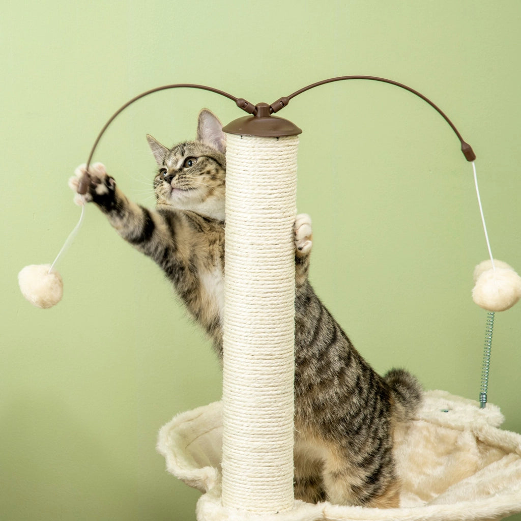 Tiragraffi per Gatti con Amaca, Palline e Pali in Sisal ¨C Minimal ¨C Beige, 53.5x53.5x90 cm