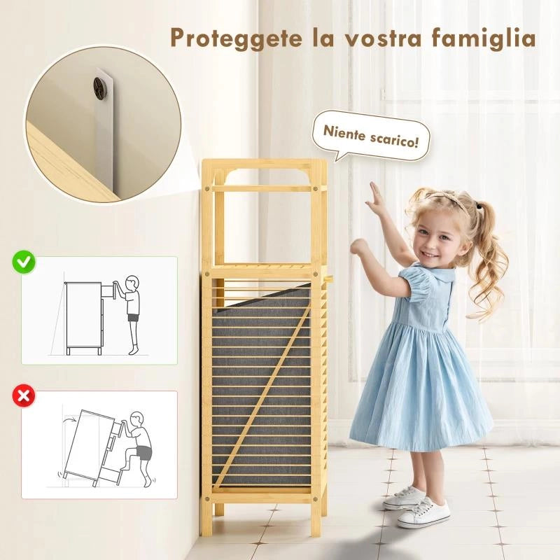 MOBILE BAGNO A DOGHE CON CESTO PORTABIANCHERIA E ARMADIETTO, IN BAMB¨ E POLIESTERE, 40X30X95 CM, GRIGIO E LEGNO