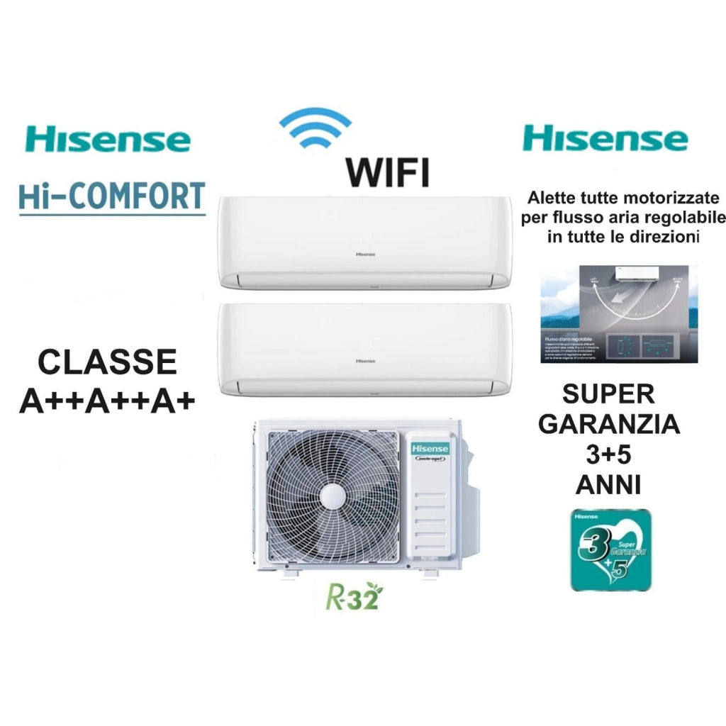 Hisense Climatizzatore Dual 7000BTU+12000BTU Pompa Calore A++/A+ WiFi Hi-Comfort Split Inverter 2AMW42U4RGC