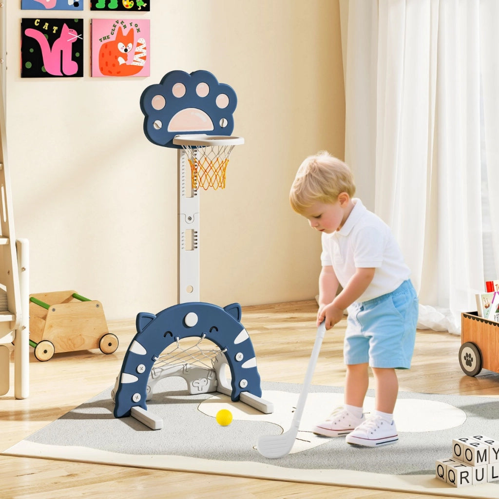 Set da gioco per attivit¨¤ interno e esterno con altezza regolabile, 3 in 1 canestro da basket per bambini di basket Blu scuro-Giocattoli sportivi