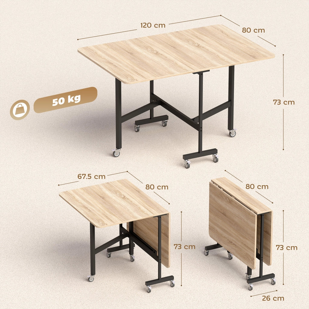 Tavolo Pieghevole per 4-6 Persone con 2 Ribalte e Ruote con Freno, 120x80x73 cm, Rovere
