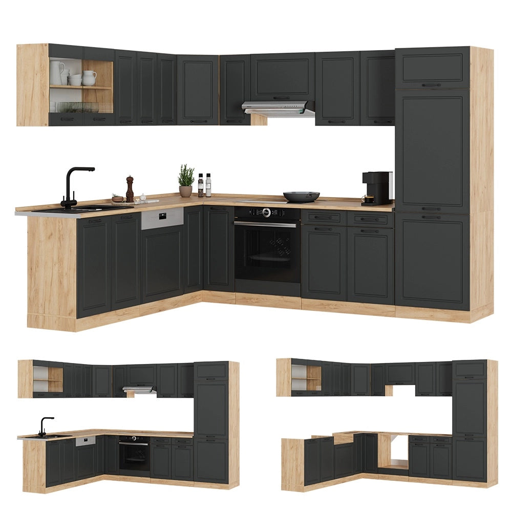Cucina angolare completa R-Line Antracite rustico/Rovere dorato 287 x 227 cm, PL Marmo Vicco