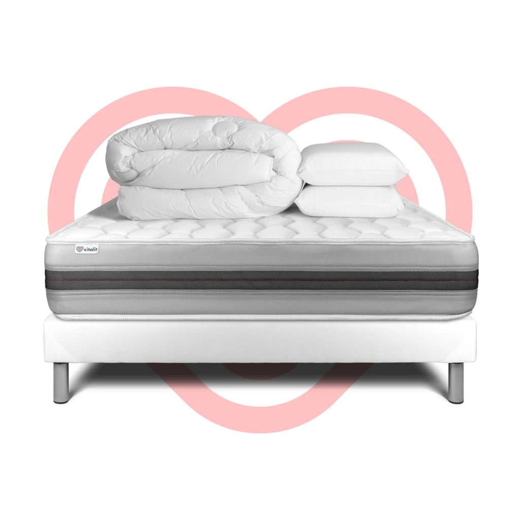 Pacchetto letto completo - Materasso 140x190cm + Box spring con doghe (in kit) + 2 guanciali + Piumino - Vitalspring Recover