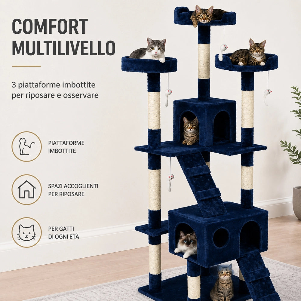 Tiragraffi Per Gatti Albero Sisal Parco Giochi Gatto Tira Graffi 170cm Blu Scuro