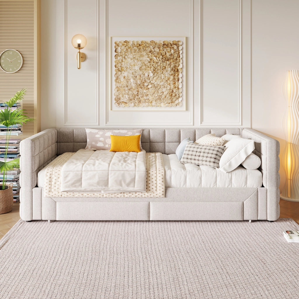 DESMIU Divano letto 90 × 200 cm 1 posto con 2 cassetti, senza materasso, in velluto beige