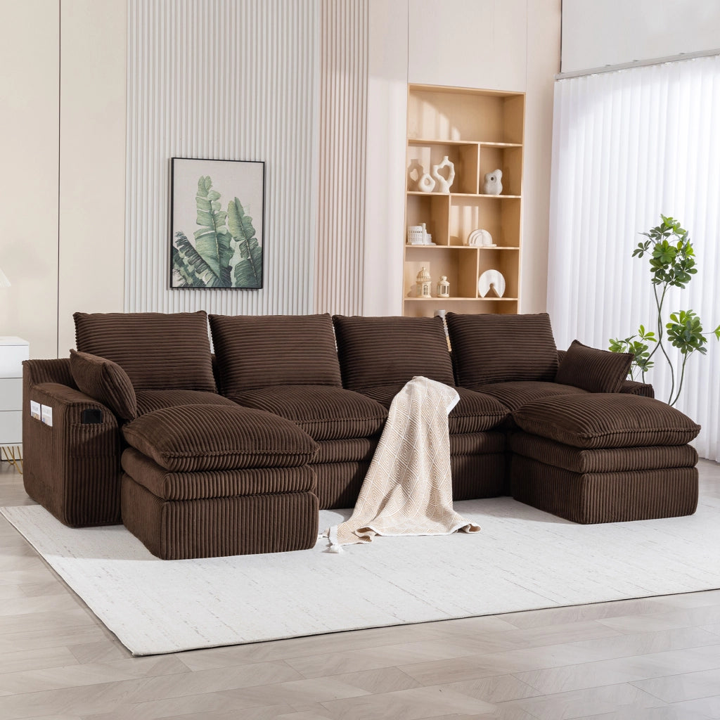 Divano modulare 4 posti con tasche laterali e cuscini - in corduroy marrone