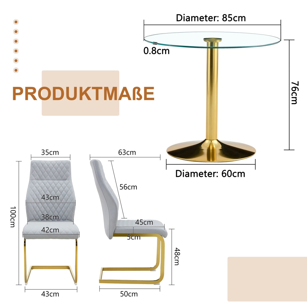 Set tavolo e sedie con 1 tavolo rotondo e 4 sedie; schienale ergonomico; in vetro e metallo oro; PU grigio chiaro