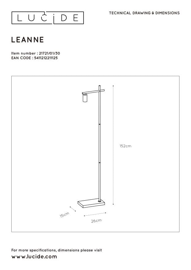 Lampada da terra Lucide Leanne nera metallo 152cm E27 40W