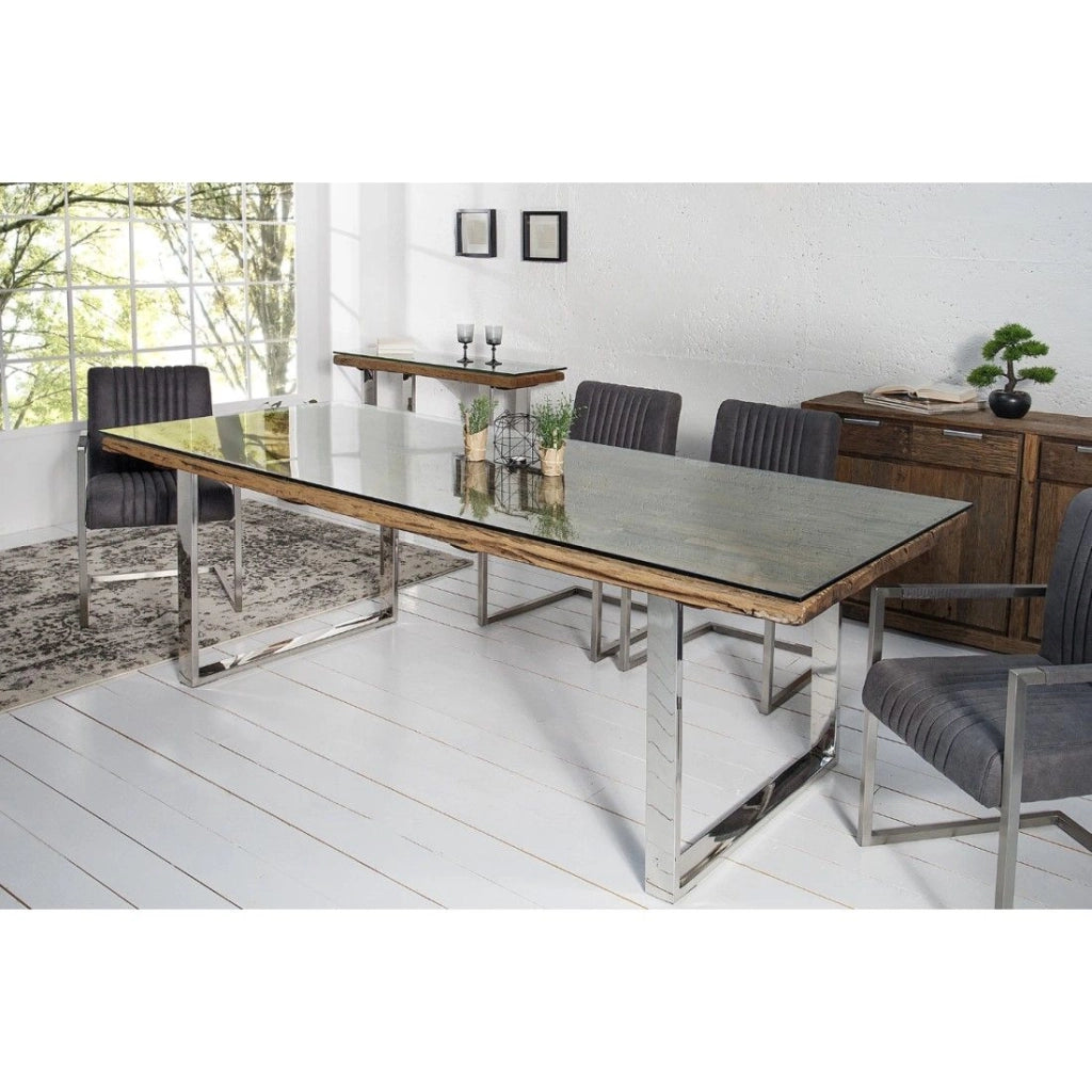 Tavolo da pranzo RAFTA 180 cm – Piano in legno riciclato e vetro temperato, struttura in metallo