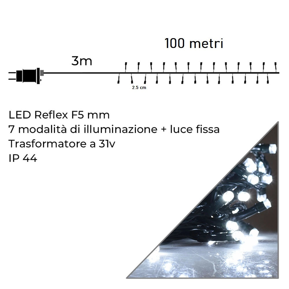 Catena luminosa natalizia con 4000 led luce bianca fredda 100mt di catena 36V cavo verde decorare il Natale spazi esterno interno albero e balconi con 8 giochi