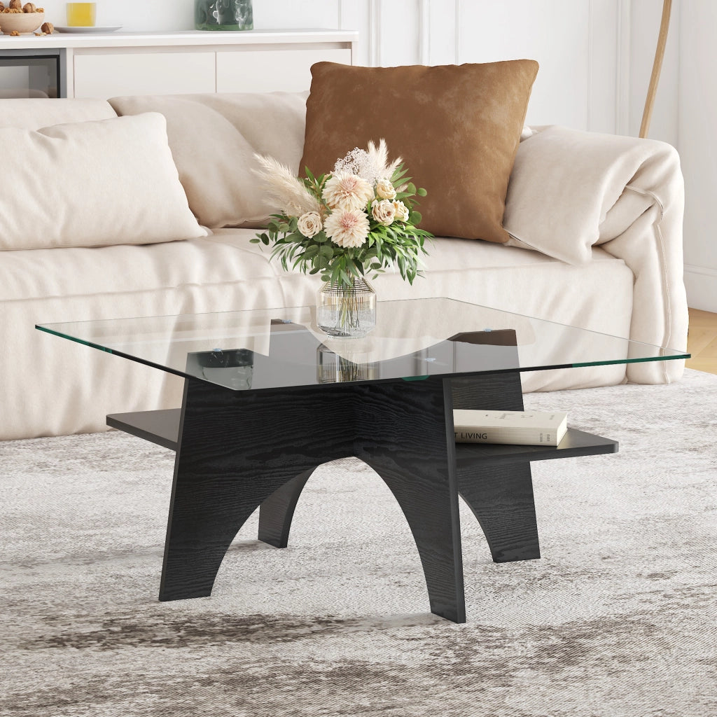 Tavolino/tavolino da caff¨¨ moderno di forma quadrata, realizzato in vetro temperato ¨C lati da 80 cm. Gambe in MDF con effetto legno nero. Ideale per s