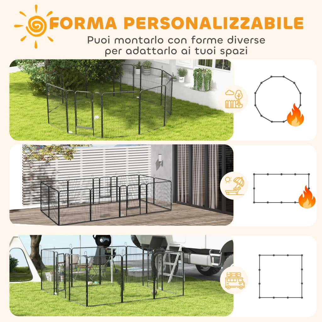 Recinto per Cani a 12 Pannelli Modulabili da 80x100 cm Pieghevole con Porta in Acciaio e 12 Picchetti Grigio
