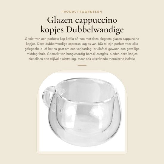 Set di Caffè a Doppia Parete 150 ml - Set di 6 Tazze da Caffè - Tazza da Caffè con Manico - Vetro Termico - Robusta e Duraturo - Moka