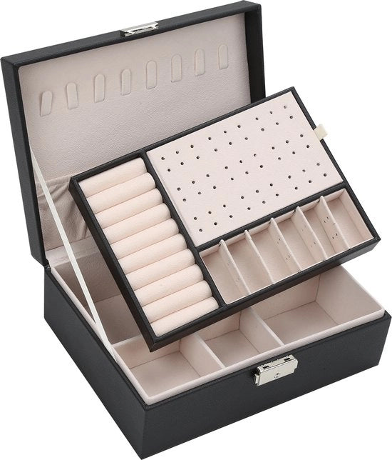 Scatola per gioielli 2 strati – Scatola per gioielli – Scatola per gioielli per donne – Piccola scatola per gioielli – Scatola di conservazione - Scatola per gioielli lussuosa – Materiale in PU – Nero