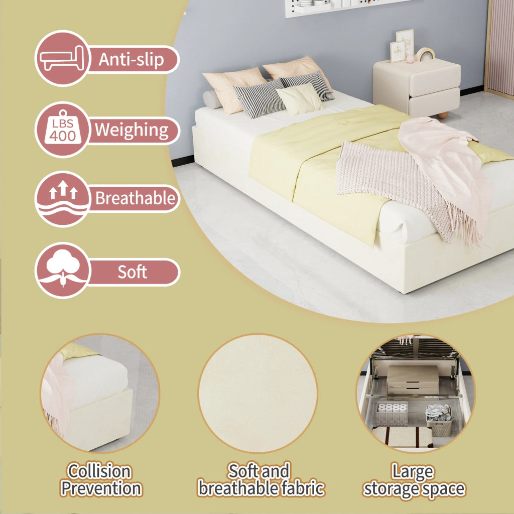 DESMIU Letto bambino 90 × 200 cm 1 posto con contenitore pneumatico e testiera fantasia, senza materasso, in tessuto e metallo beige
